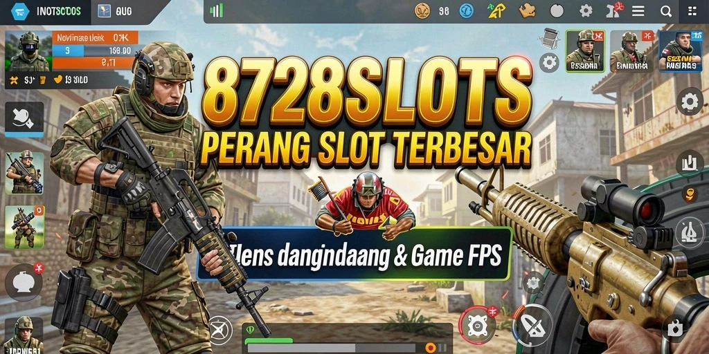 Screenshot gameplay 8728SLOTS menunjukkan pertempuran intens dan mesin slot yang memukau.