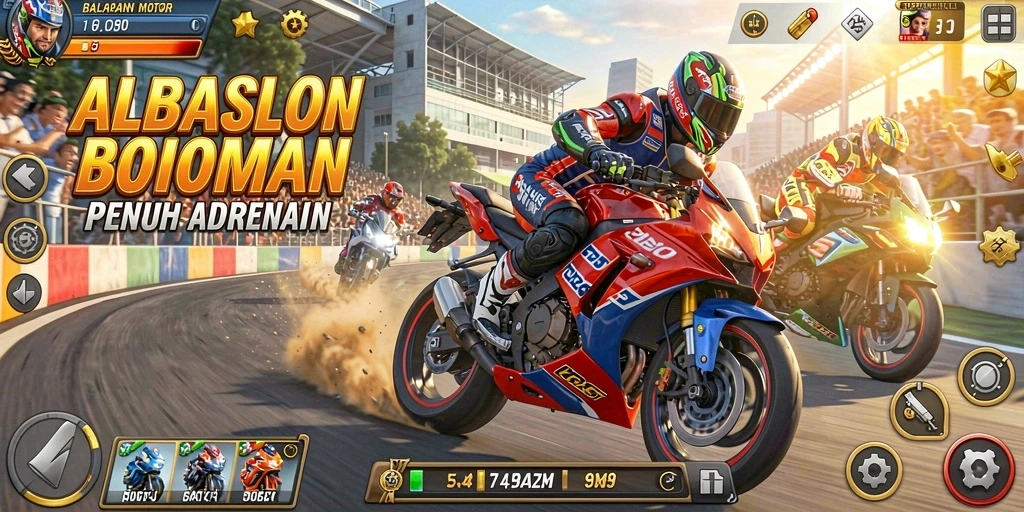 Screenshot gameplay <strong>ALBASLOT</strong> menampilkan aksi balapan motor yang mendebarkan.