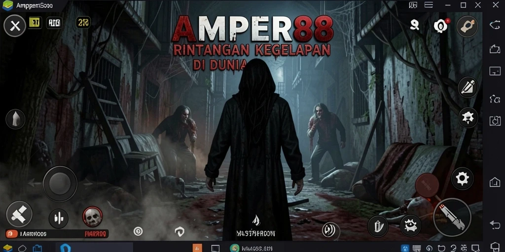 Screenshot gameplay AMPER88 menunjukkan momen menyeramkan dalam kegelapan.