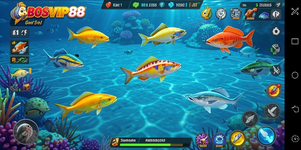 Screenshot gameplay <strong>BOSVIP88</strong> menampilkan aksi menembak ikan yang seru.