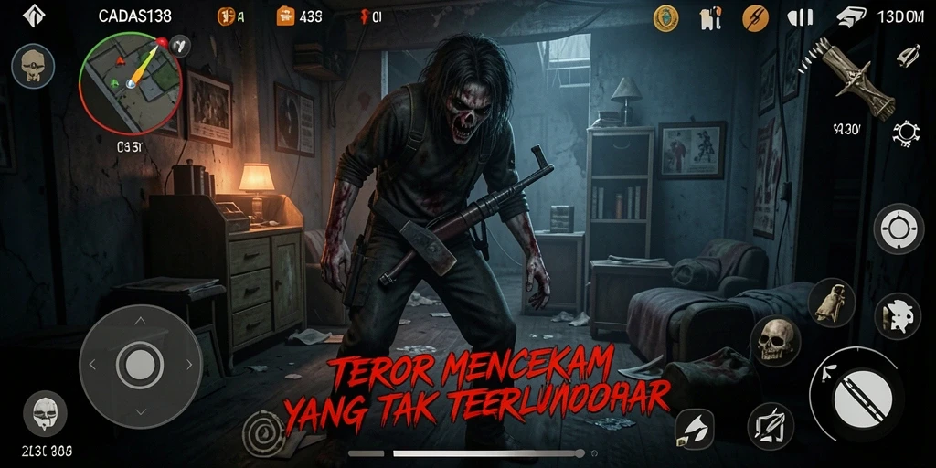 Screenshot utama dari CADAS138 menampilkan gameplay horor yang intens.