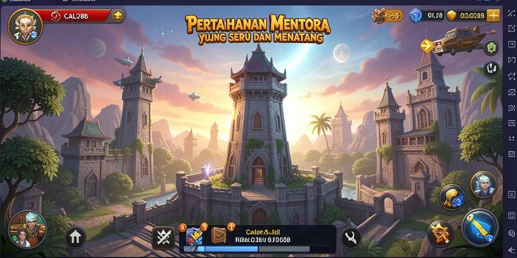 Tangkapan layar gameplay CALO288 yang menunjukkan menara dan musuh.