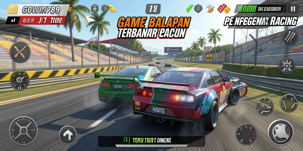 Gameplay GOWIN789 yang mendebarkan dengan mobil balapan cepat.