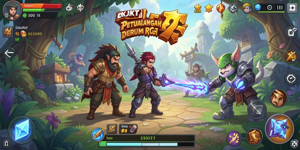 Screenshot gameplay OKJKT yang menunjukkan pertarungan dan petualangan RPG.