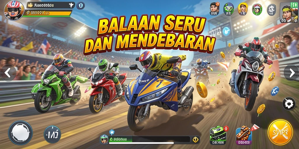 Screenshot gameplay SVIP3 menampilkan balapan seru di trek yang mendebarkan.